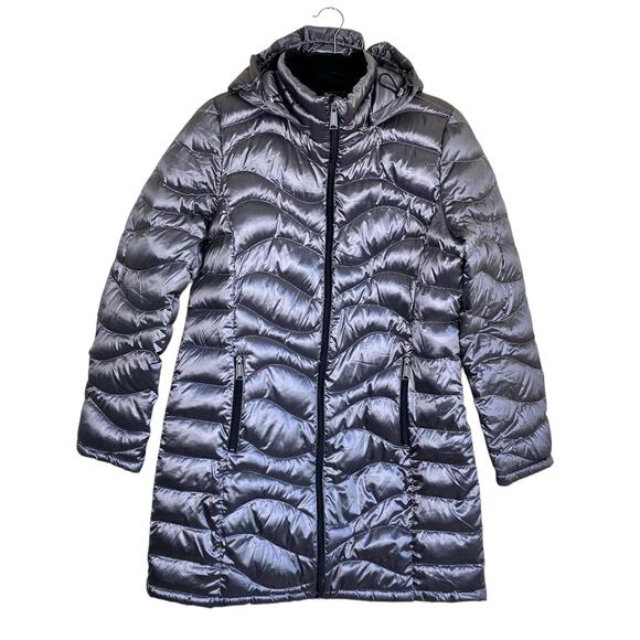 Andrew Marc Sz L Lightweight Packable Premium Down Jacket Quilted Long Silver - Picture 2 of 16